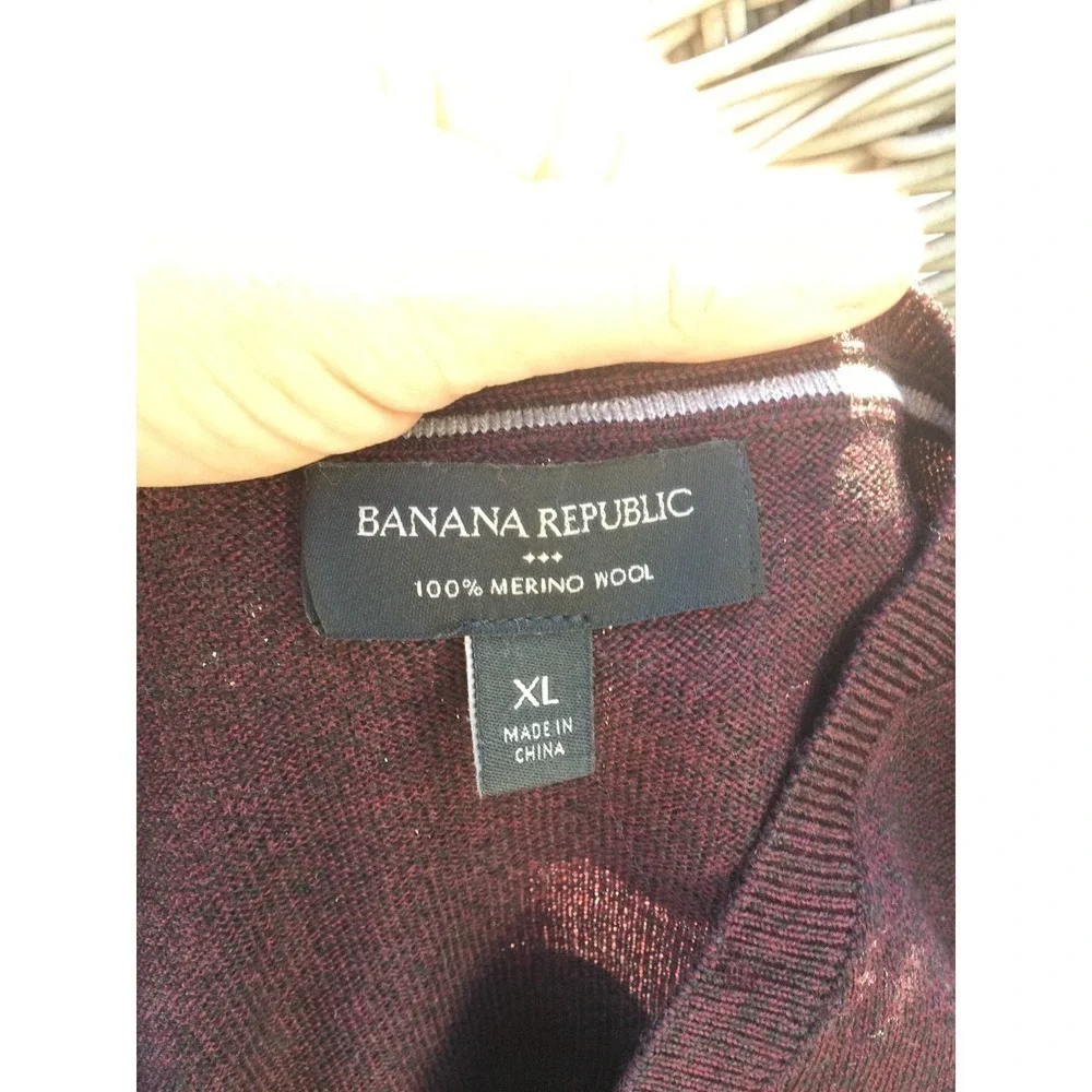 Banana Republic‎ Mens Merino Wool Sweater Size XL Striped Grey Burgundy Red Work